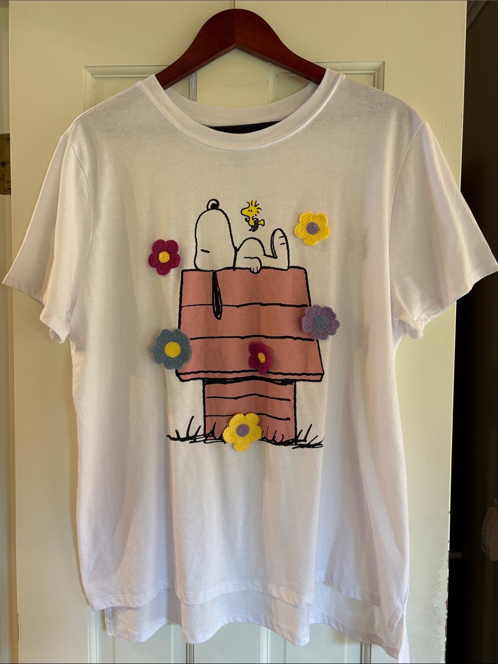 Peanuts White Tee with Snoopy, Woodstock & Colorful Flower Appliqués